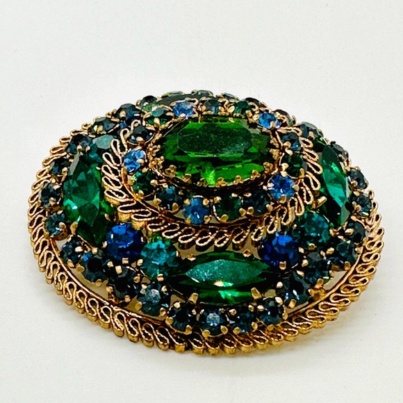 Vintage Blue Green Rhinestone Brooch - Picture 6 of 15